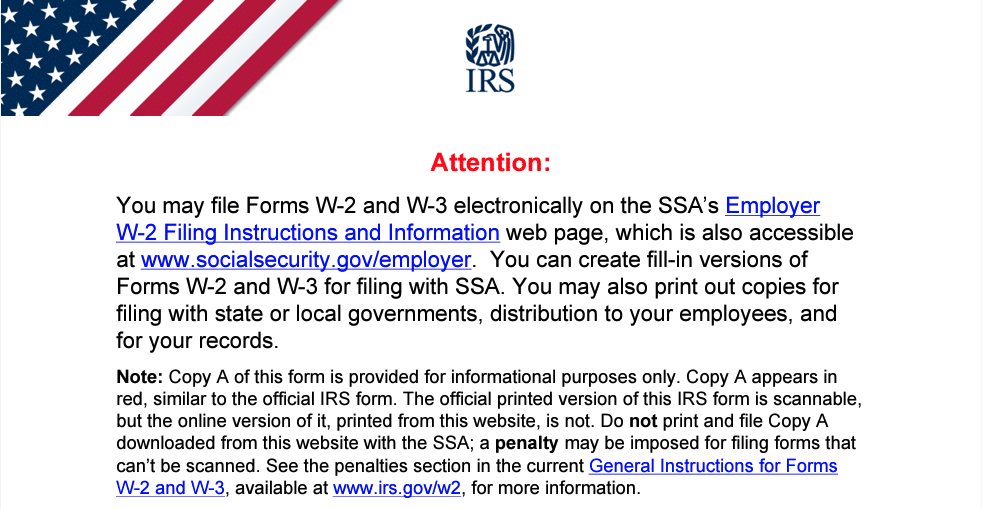 Copy A of Form W-2 with Penalty warning on Form W-2 if scannable red print isn’t used