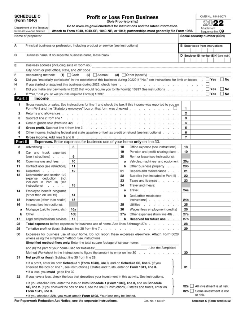 Schedule C Tax Form, First section, Part I (Income) and Part II (Expenses)