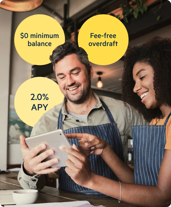 Lili customers shown using the Lili banking platform, with highlighted features displayed in the background ($0 minimum balance, fee-free overdraft, and 2.0% APY)