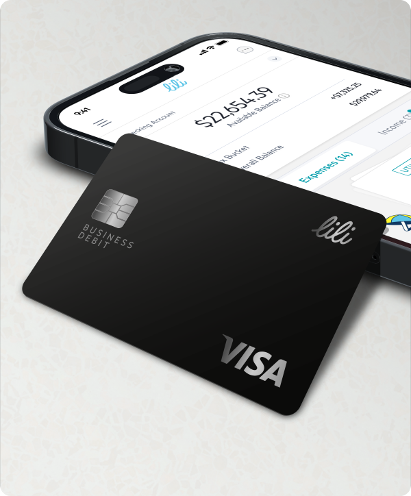The Lili Visa business debit card and the Lili mobile business banking app main screen, displaying an account balance and expense categorization