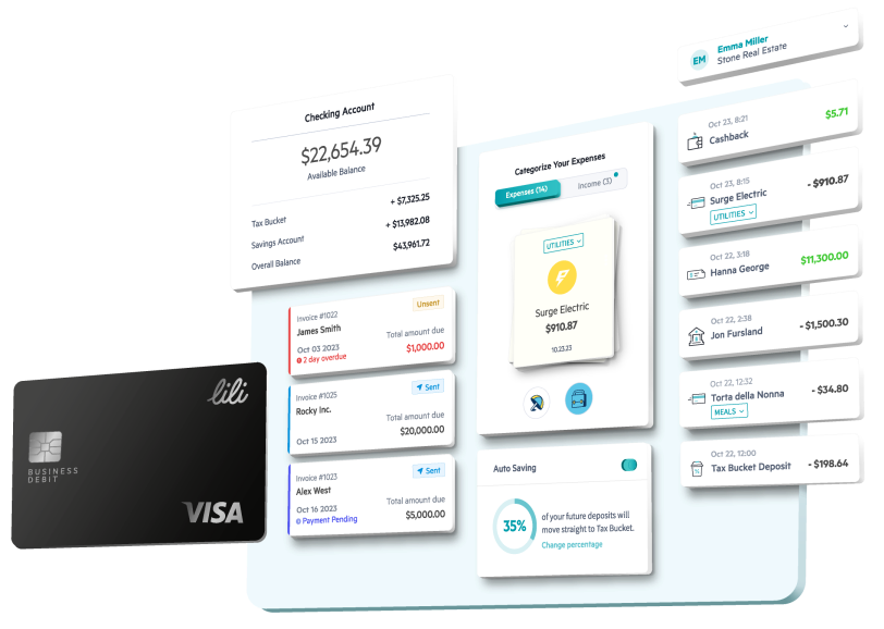 A showcase of key features of Lili's banking platform, including Lili's Visa business debit card, as well as primary banking, accounting, invoicing and tax preparation software screens.