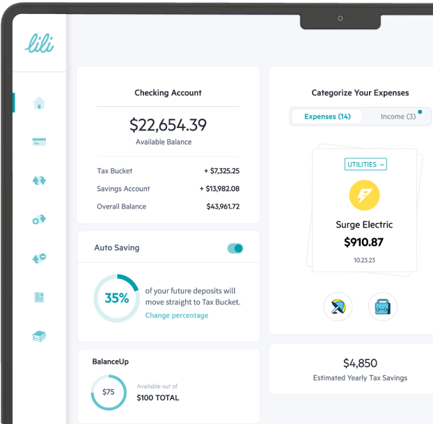 The main screen of Lili's business banking web platform, displaying the balance of a business checking account, automatic tax saving, Lili's fee-free overdraft BalanceUp, the expense categorization feature, and estimated yearly tax savings.