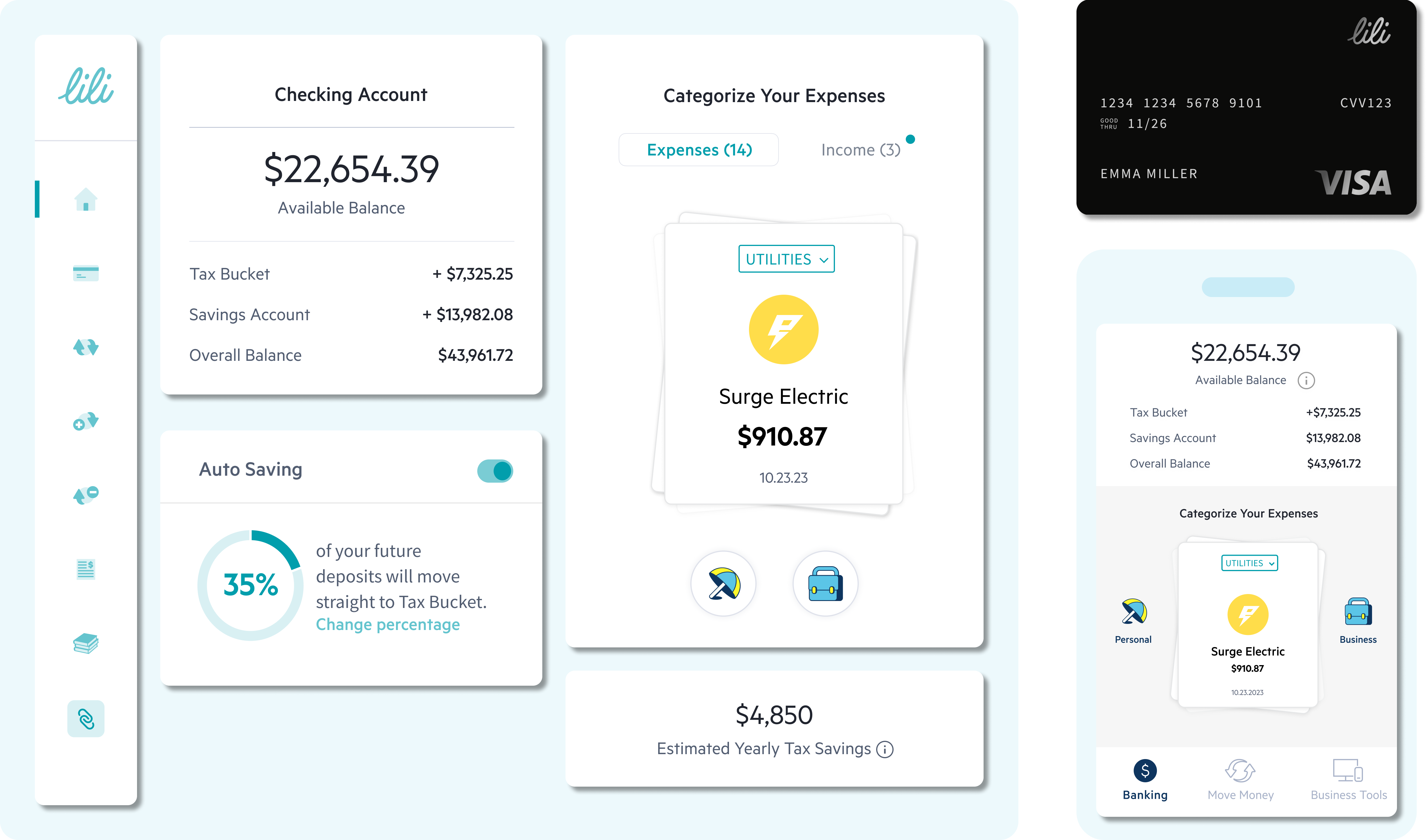 The Visa business debit card and main screens of Lili's business banking mobile app and web platform, displaying the balance of a business checking account, automatic tax saving, the expense categorization feature, and estimated yearly tax savings.
