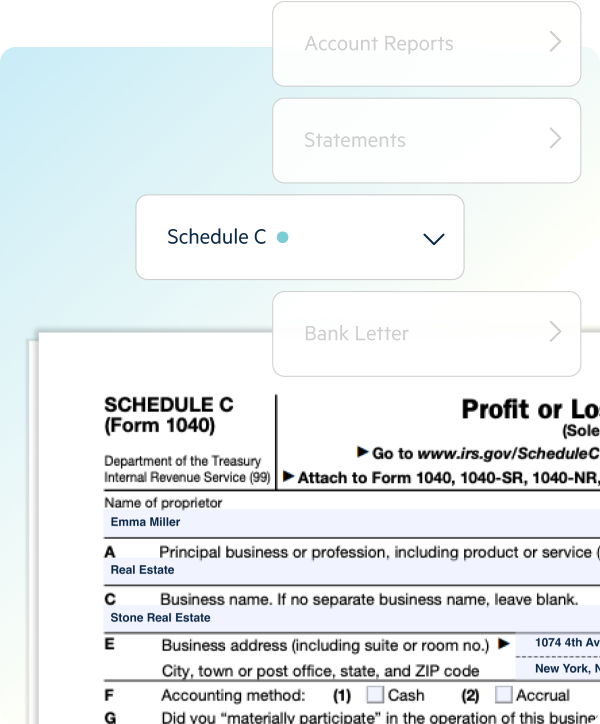 A pre-filled Schedule C form generated by Lili, overlaid by a menu displaying a selection of Account Reports, Statements, Schedule C and a Bank Letter.