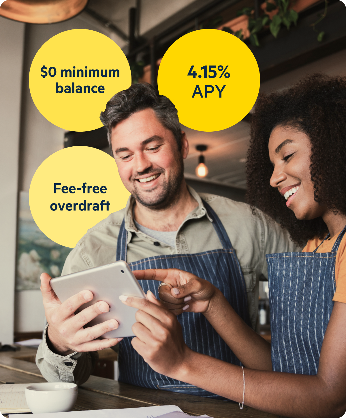 Lili customers shown using the Lili banking platform, with highlighted features displayed in the background ($0 minimum balance, fee-free overdraft, and 2.0% APY)